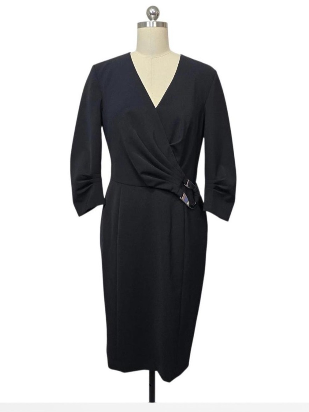 Lafayette 148 New York Black Buckle Waist Faux Wrap Sheath Dress. Size 10 NWT
